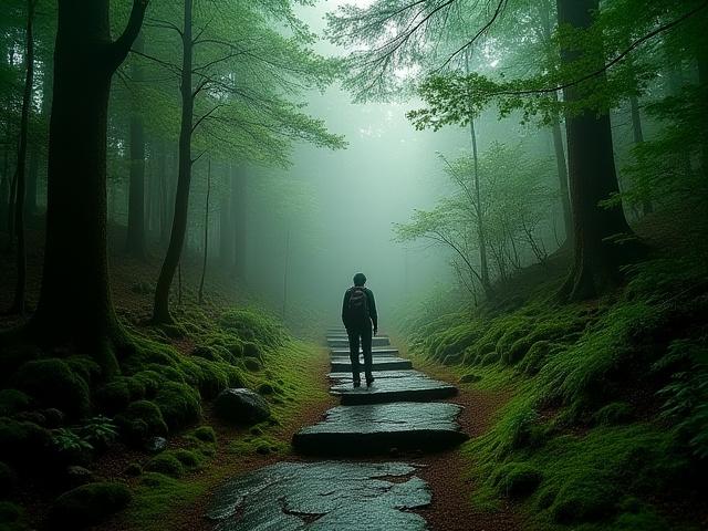 熊野古道の石畳を歩く巡礼者