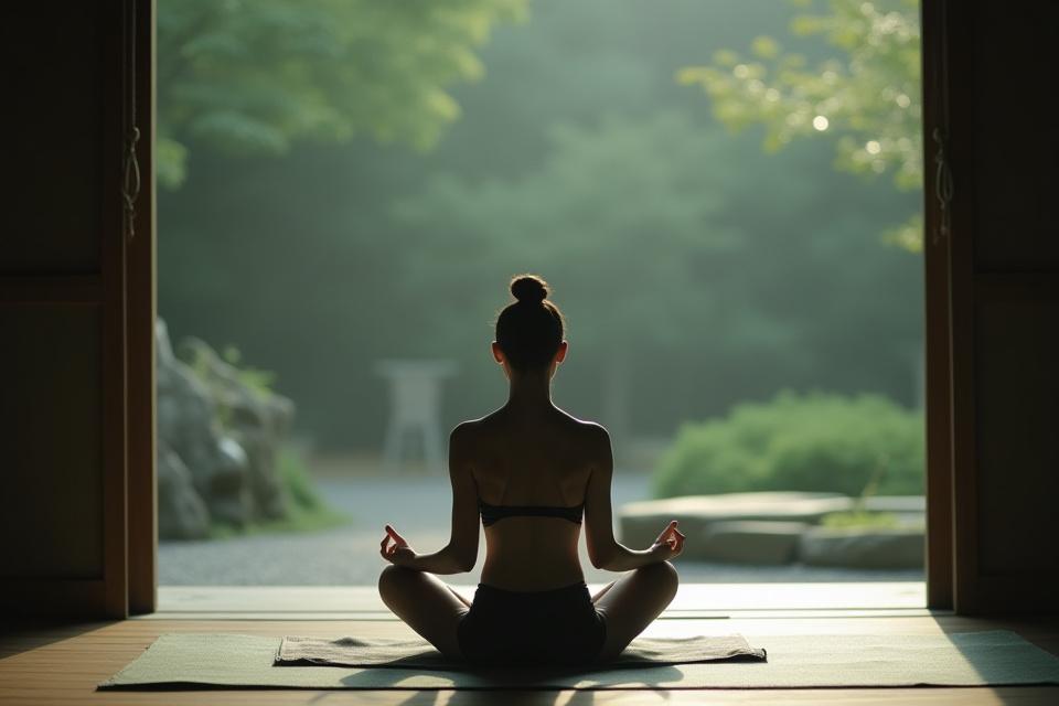 静かな寺で瞑想する人